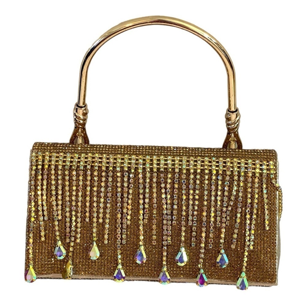 Gold Crystal Rhinestone Evening Bags Formal Bridal Clutch Purse Crossbody Chain